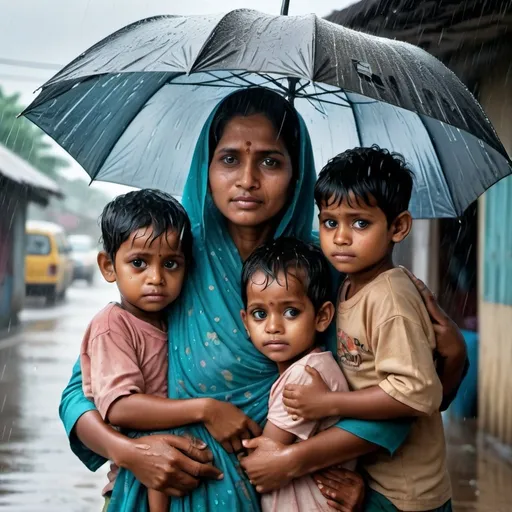 Prompt: A realistic and heartwarming scene of a bangladeshi mother holding her four children close under heavy rain. The family stands together, drenched yet comforted by their togetherness, with raindrops falling around them. The mother's protective embrace and the children's expressions convey love, warmth, and resilience amidst the stormy weather. The background shows a rainy, urban setting, enhancing the emotional depth of the moment.