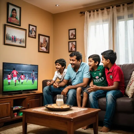 Prompt: A cozy Bangladeshi  living room scene where a father is sitting on a comfortable sofa with his children, watching a football match on a large TV. The room is warmly lit, with a homely atmosphere. The father and children are excited and engaged, cheering for their favorite team. Snacks and drinks are on a coffee table in front of them. The background includes family photos and decorations, adding to the sense of a loving and joyful family moment.

