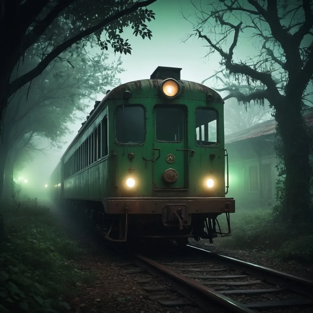 Prompt: /imagine prompt: A haunting photograph of a ভৌতিক রেল ট্রলি, shrouded in mist, old and rusted, glowing eerie green lights from the windows. Background shows a dark, abandoned train station, overgrown with vines. Shadows and fog interplay, enhancing the spooky atmosphere. Created Using: cinematic lighting, ghostly aura, hyper-realistic textures, dynamic composition, eerie mood, low-angle shot, detailed weathering, hd quality --ar 16:9 --v 6.0
