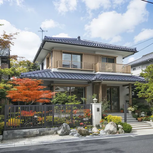 Prompt: tạo ảnh ngôi nhà mái Nhật 2 tầng kích thước 8x15m, phong cách hiện đại, thêm sân vườn hồ cá Koi, hnagf rào thoáng mát.