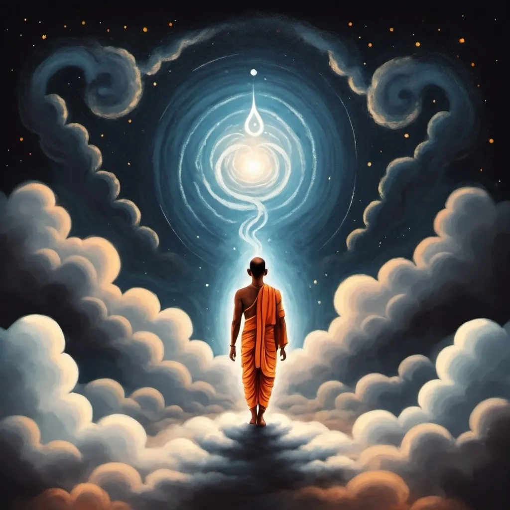 Prompt: back side of yogi with aura walking on clouds creating path in the dark outer space in simple indian art style