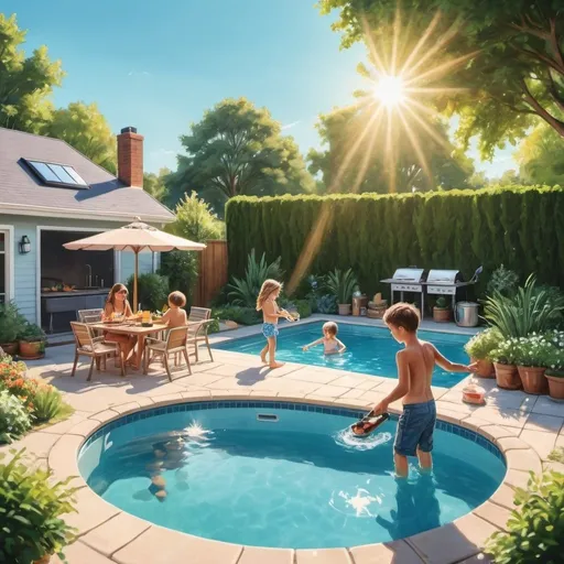 Prompt: Sunny backyard pool scene, blue water, manicured gardens, children playing, father barbecuing, high quality, bright and vibrant, realistic, detailed, summer vibes, sunny rays, outdoor fun, family atmosphere, refreshing pool, lush greenery, playful kids, outdoor cooking, warm lighting