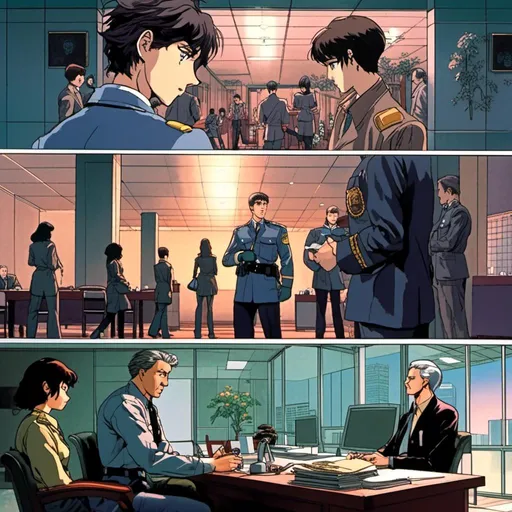 Prompt: <mymodel>(manga-style illustration), Detective Edward discussing a case, cool color palette, intriguing ambiance, office setting with shadows, police officer in uniform, detailed facial expressions, dramatic lighting highlighting tension, realistic textures, ultra-detailed features, engaging storyline, crisp lines, vibrant highlights against muted backgrounds, 4K resolution