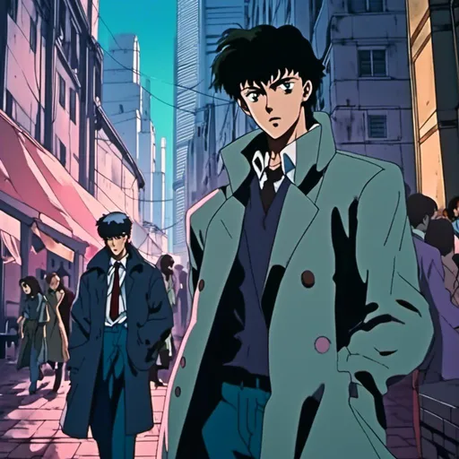 Prompt: <mymodel>anime scene of (Detective Edward Lawrence undercover), cool color scheme, (dramatic lighting), stealthy pose, urban backdrop with shadows, intense gaze, dynamic angle, stylish detective attire, high-quality details, illustrative cutscene effect, engaging narrative elements, cinematic mood, visually captivating, 4K resolution.