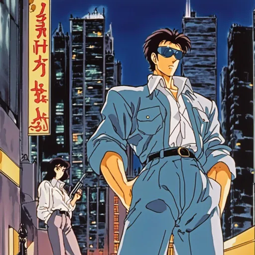 Prompt: <mymodel> Detective Edward Lawrence in Midnight Vigilante scenes in classic 1990's anime .