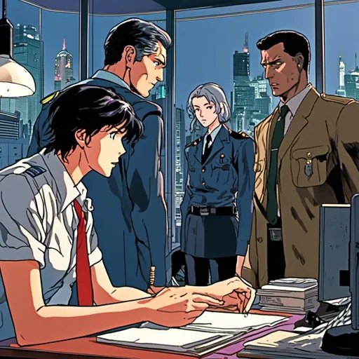 Prompt: <mymodel>(manga-style illustration), Detective Edward discussing a case, cool color palette, intriguing ambiance, office setting with shadows, police officer in uniform, detailed facial expressions, dramatic lighting highlighting tension, realistic textures, ultra-detailed features, engaging storyline, crisp lines, vibrant highlights against muted backgrounds, 4K resolution