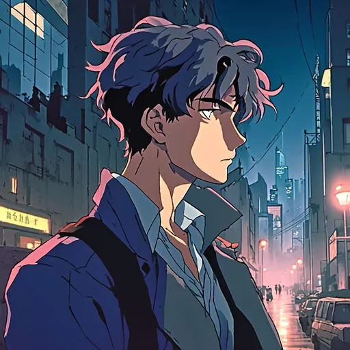 Prompt: <mymodel>(anime style), (cool color scheme), Detective Edward casually smoking a cigarette, deep in thought, trendy detective outfit, urban backdrop, reflecting the city’s night lights, atmospheric mist, evocative expressions, subtle hints of mystery and intrigue, vibrant shading and detailed line work, (ultra-detailed), cinematic lighting, creating an alluring yet enigmatic ambiance