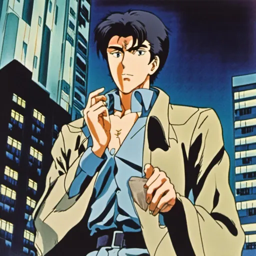 Prompt: <mymodel> <mymodel> Detective Edward Lawrence in Midnight Vigilante scenes in classic anime.