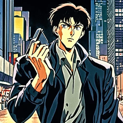 Prompt: <mymodel> Detective Edward Lawrence in Midnight Vigilante scenes in classic 1990's anime style.