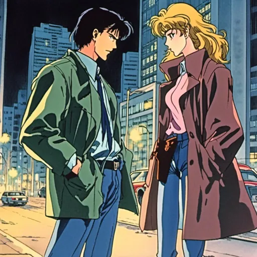 Prompt: <mymodel> Detective Edward Lawrence in Midnight Vigilante scenes in classic 1990's anime style.