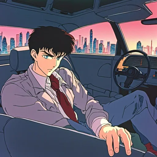 Prompt: <mymodel> Detective Edward drives in his car to come home '90a anime style.