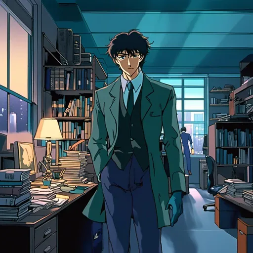 Prompt: <mymodel>(manga style), Detective Edward, arriving at his office, cool color scheme, deep blues and teals, dramatic lighting creating a mysterious atmosphere, sleek modern office setup, detailed background elements like shelves of books and a glowing computer, high quality, ultra-detailed, cinematic depth, thoughtful expression, suited attire, softly illuminated by ambient light.