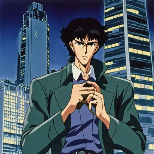 Prompt: <mymodel> <mymodel> Detective Edward Lawrence in Midnight Vigilante scenes in classic anime.