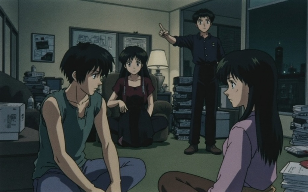 Prompt: a group of anime characters standing around each other in a room with a woman pointing at the camera and a man pointing at the camera, Eizan Kikukawa, shock art, manga and anime 1 9 9 9, a screenshot