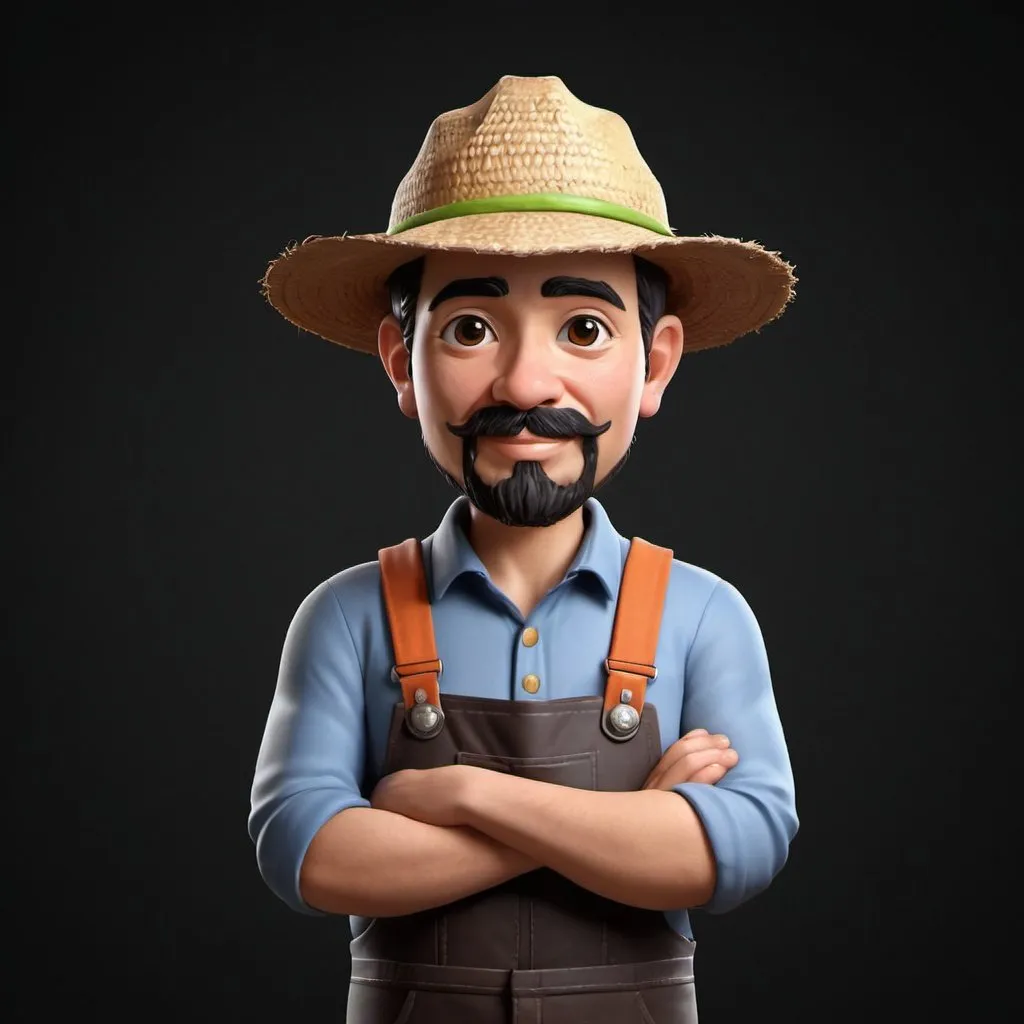 Prompt: You are a 3d artist. Create a farmer. Front view, dark background, empty space on the top.