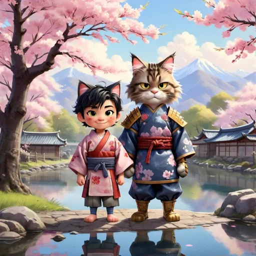 Prompt: Two people standing , one is Maine coon cat in samurai style armor smirking. The second person is a young boy in feudal Japanese attire with short scruffy black hair, and smiling back wide. The background is a water color expanse of cherry blossom trees.