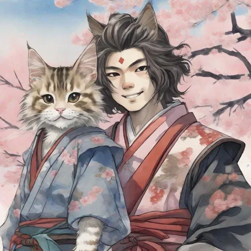 Prompt: Two Figures standing next to each other: The first figure is Maine coon cat in samurai style armor smirking. The second figure is small young human boy in feudal Japanese attire with short scruffy black hair, and smiling back wide. The background is a water color expanse of cherry blossom trees.