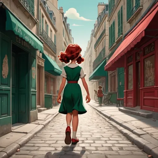 Prompt: an illustration of a girl walking down a street, in the style of disney animation, pre-world war ii school of paris, 32k uhd, red and emerald, character caricatures, mysterious backdrops, lively tableaus --ar 1:2 --stylize 750 --v 6