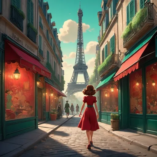 Prompt: an illustration of a girl walking down a street, in the style of disney animation, pre-world war ii school of paris, 32k uhd, red and emerald, character caricatures, mysterious backdrops, lively tableaus --ar 1:2 --stylize 750 --v 6