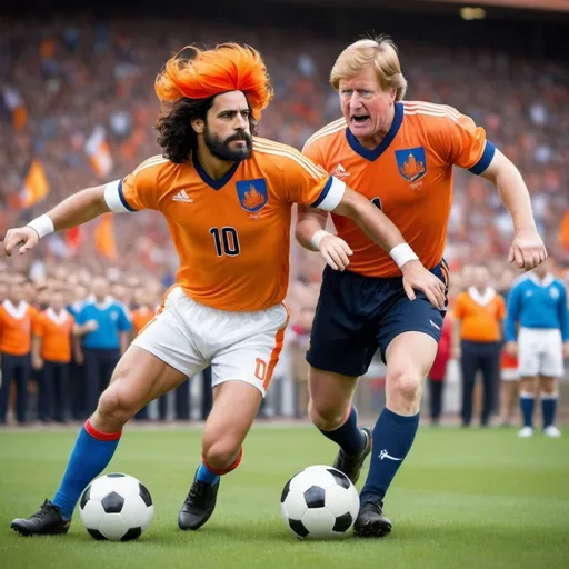 Prompt: Create an image in which king charles is battling in a football game with king willem alexander.each wearing the jersey of their country.