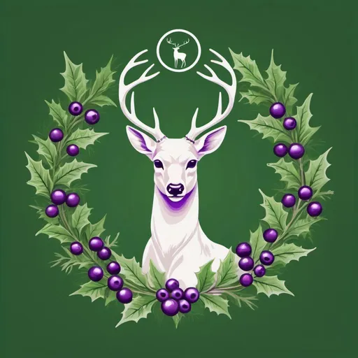 Prompt: a green pharmacy logo with deer and holly wreaths on it and a green background with a white deer and a green circle with the words pharmacy, purple berries,Dahlov Ipcar, folk art, graphic design, a stock photo