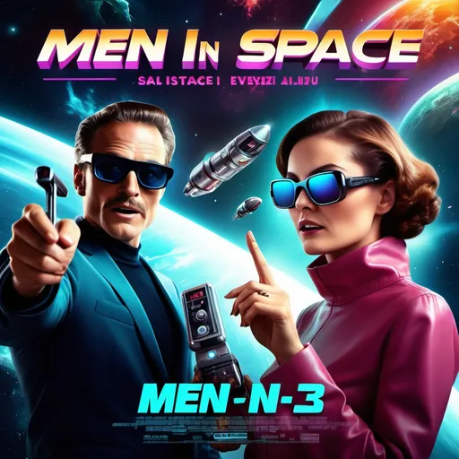 Prompt: (photorealistic movie poster), dynamic scene featuring a man pointing to  a gadget . A woman in stylish sunglasses, bold title (accurately spelled text "Men in Space 3"), vibrant colors, retro sci-fi theme, high depth cinematic masterpiece, dramatic background with cosmic elements, eye-catching design, captivating ambiance, ultra-detailed, evokes excitement. The image should center around the gadget which should be very prominent and dominant in the poster 