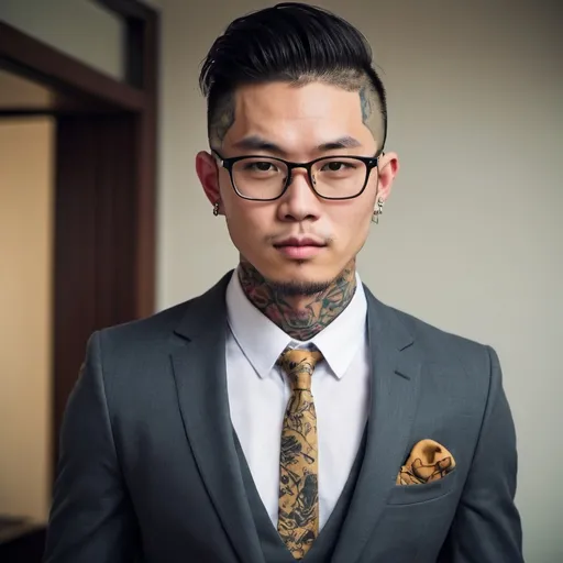 Prompt: With tattoos, a suit, and glasses, he looks naughty, asian
