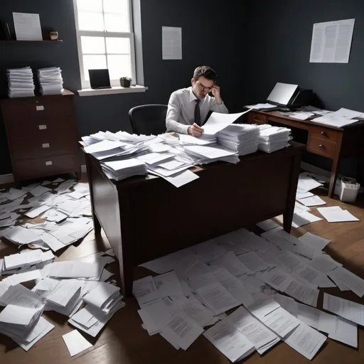 Prompt: a person that has given up trying to organize documents in a room with documents everywhere; on the floor, on the desk, in the paper binwith dark colors in landscape format