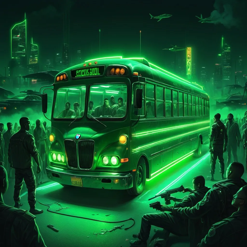 Prompt: a green school bus with neon lights,and with drifting settings,with people oohing and ahhing,with limosine length and in the night and its a bmw bus and then, a other  bus with guns kill the people on the bus and outside