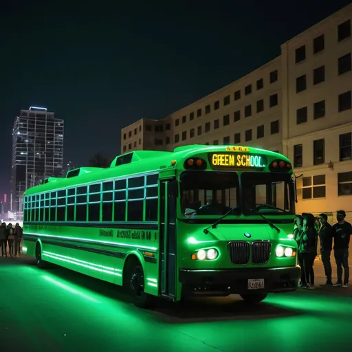 Prompt: a green school bus with neon lights,and with drifting settings,with people oohing and ahhing,with limosine length and in the night and its a bmw bus