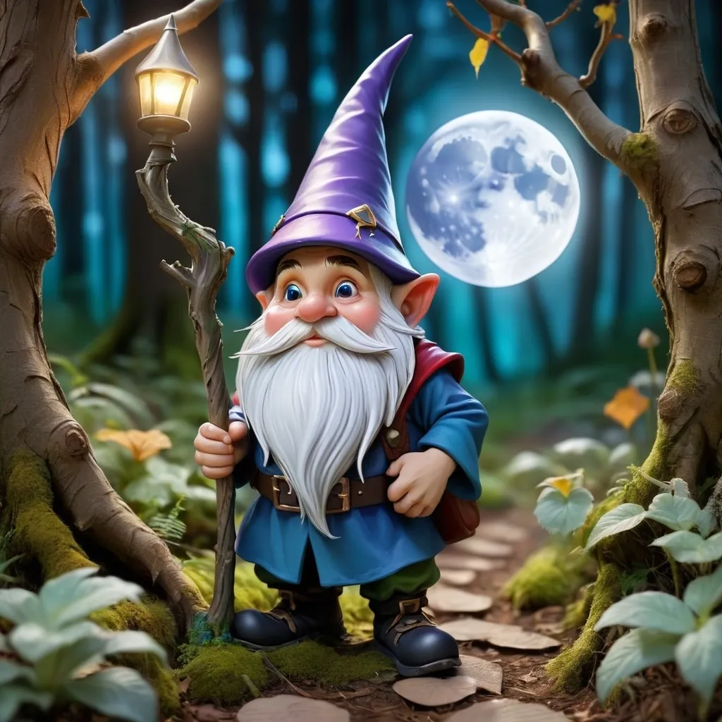 Prompt: wizard gnome in a mystical forest around moonlight in his way to his home