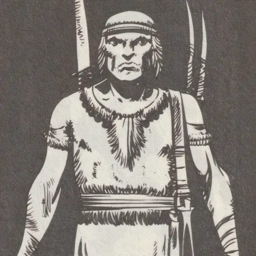 Prompt: "A black and white tattoo design of an ancient Aryan warrior, simple yet detailed, symbolizing courage and fearlessness, in a bold, historical style.
