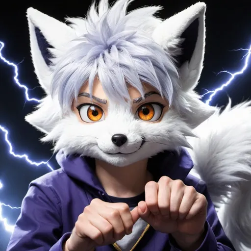 Prompt: Killua Zoldyck as a furry silver fox with lightning on his fingertips