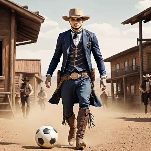 Prompt: Create an image of Mauro icardi in cowboy outfit playing football in wild west movie