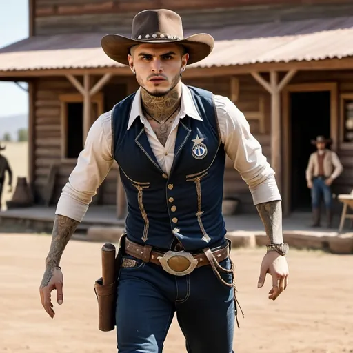 Prompt: Create an image of Mauro icardi in cowboy outfit playing football in wild west movie