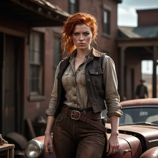 Prompt: (Rugged Outlaw)  Tough female redhair, grease smudges from working on old cars,  Bootlegger character, tough stance, pistol on belt, (dramatic lighting) casting striking shadows, (worn wool clothing) showcasing grit, (gritty atmosphere) with an emphasis on defiance and resilience, rich dark color tones, (high detail) and ultra-detailed, (cinematic quality), vintage backdrop evoking the feel of the era, immersive and compelling scene, textured details highlighting the character's ruggedness. renaissance, western, a character portrait