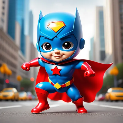 Prompt: Create a colorful and friendly superhero designed for kids, with a bright and vibrant costume. The superhero should have a warm smile, a cape flowing in the wind, and an emblem on their chest symbolizing kindness, courage, or teamwork. The background should be cheerful, like a sunny cityscape or a playful, futuristic world. The superhero should have a welcoming and inspiring pose, making them look both powerful and approachable.