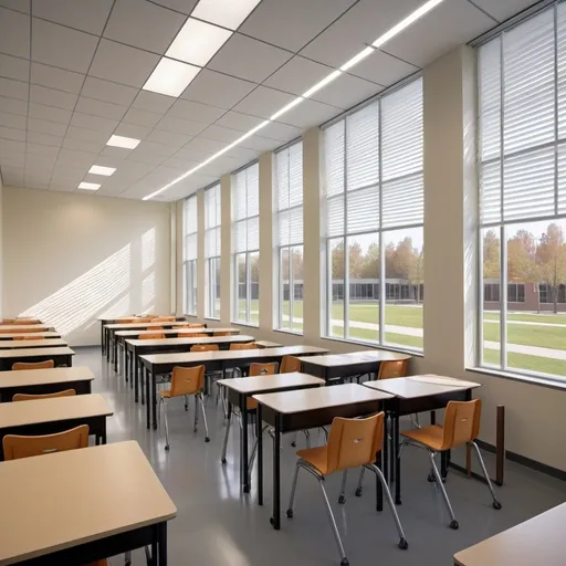 Prompt: Interior of a High School Classroom with Kinetic Louver Facade

Dimensions: Length: 8.2 meters, Width: 3.6 meters, Height: 2.8 meters

Description:

The classroom is a modern high school classroom with clean lines and contemporary design elements.
The south-facing wall is a curtain wall window facade, providing an expansive view outside.
This curtain wall is equipped with a kinetic louver system made of cellulose pads. These louvers rotate throughout the day to filter the sunlight.
The cellulose pads have a unique, porous pattern that not only filters the sunlight but also casts intricate shadows inside the classroom.
The sunlight filtering through the louvers creates dynamic patterns of light and shadow on the walls, floor, and furniture inside the classroom.
The classroom is furnished with rows of desks and chairs, a teacher's desk at the front, and a whiteboard on one of the non-window walls.
The flooring is a practical, light-colored material, such as vinyl or linoleum, which reflects the filtered light well.
The walls are painted in neutral or light colors to enhance the brightness from the filtered sunlight.
Key Features:

South-facing curtain wall with kinetic louver system made of cellulose pads.
Dynamic light and shadow patterns created by the rotating louvers.
Modern high school classroom setup with typical furniture and a clean, contemporary design.
Specific Elements to Highlight:

The intricate shadow patterns cast by the cellulose pad louvers on the classroom interior.
The light filtering through the louvers creating a warm and inviting atmosphere.
The interaction between the filtered sunlight and the classroom environment, highlighting the dynamic nature of the kinetic facade.
