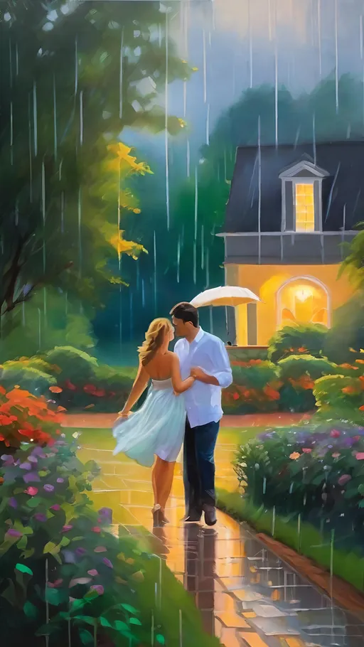 Prompt: The scene opens to a lush garden, where rain clouds have just begun to gather. A gentle shower falls, creating a soft, misty atmosphere. The brushstrokes are loose and fluid, capturing the movement of the rain. The colors are soft and blended, giving a dreamy quality to the scene. The couple is seen in the distance, holding hands and enjoying the refreshing rain, their silhouettes blending harmoniously with the natural surroundings.
