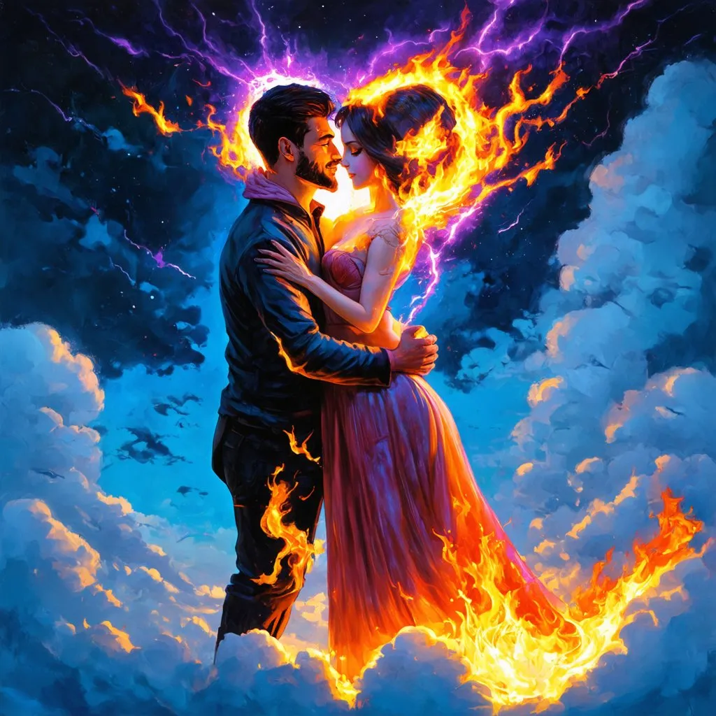Prompt: A painting of a man made of electricity  hugging a woman made of fire, high up in the clouds, their hearts joined as soulmates in the dark blue and  dark purple, clouds filling background, cyril rolando, psychedelic art, a surrealist painting, love, neon colors, with fire and ice. 