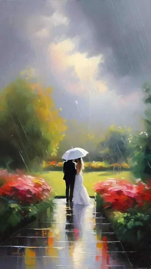 Prompt: The scene opens to a lush garden, where rain clouds have just begun to gather. A gentle shower falls, creating a soft, misty atmosphere. The brushstrokes are loose and fluid, capturing the movement of the rain. The colors are soft and blended, giving a dreamy quality to the scene. The couple is seen in the distance, holding hands and enjoying the refreshing rain, their silhouettes blending harmoniously with the natural surroundings.