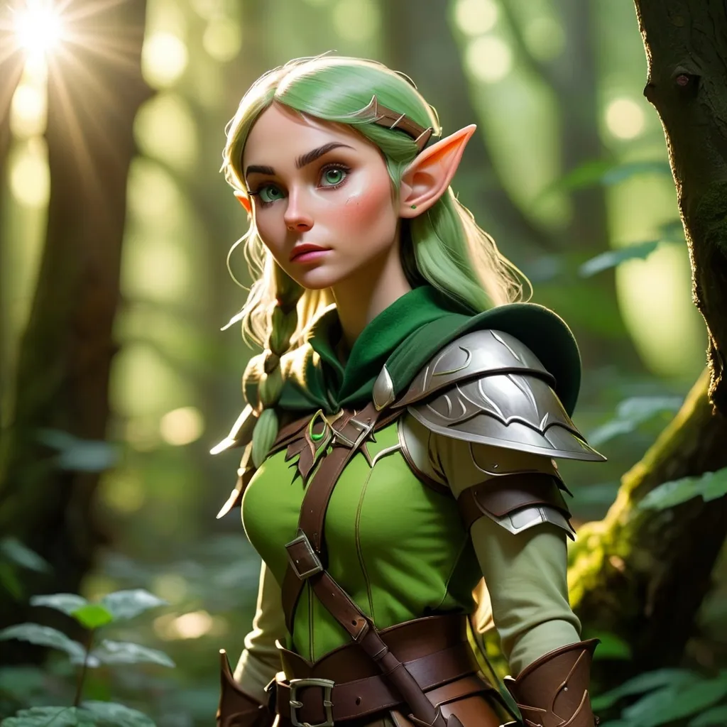 Prompt: Elf ranger in a mystical forest around sunlight