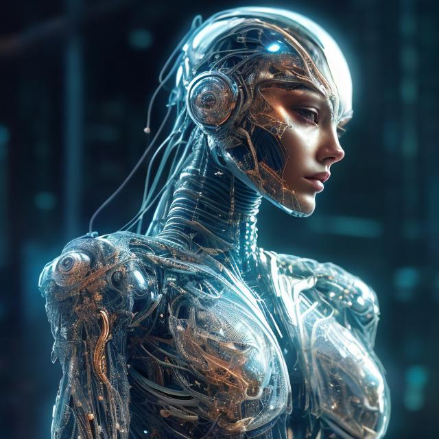 Prompt: Beautiful, robot, futuristic, humanoid, high-tech, metallic sheen, intricate details, graceful posture, feminine features, ethereal glow, advanced technology, sleek design, digital art, sci-fi, highres, ultra-detailed, futuristic, cool tones, atmospheric lighting