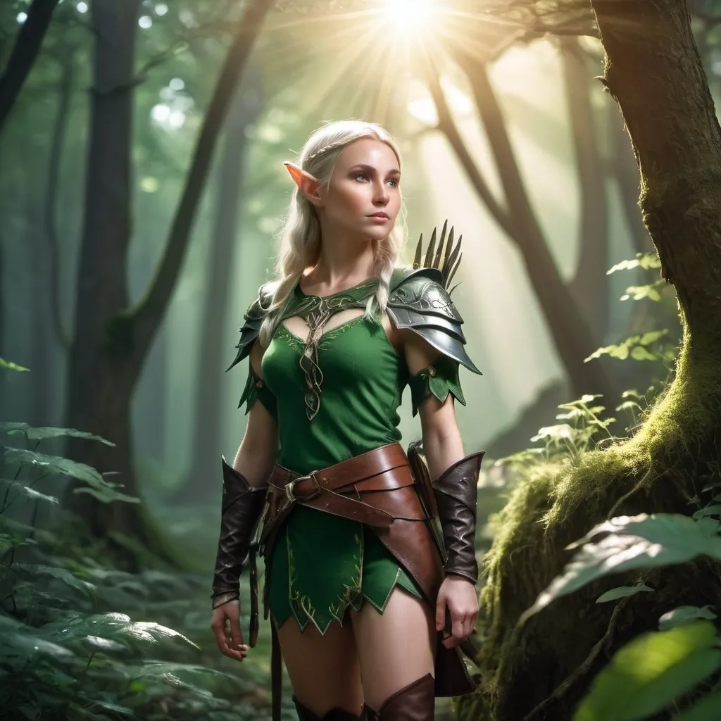 Prompt: Elf ranger in a mystical forest around sunlight