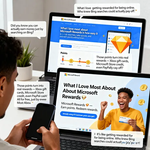 Prompt: 🎬 [Title: “What I Love Most About Microsoft Rewards 💎”]

[0–3s – Scene 1: you looking at your phone or PC]
🎙️ Voice or text on screen:
“Did you know you can actually earn money just by searching on Bing?”

⸻

[3–10s – Scene 2: show the Microsoft Rewards site or app]
🎙️ Voice or text:
“What I love most about Microsoft Rewards is how easy it is — I do searches, take quizzes, and earn points without even noticing!”

⸻

[10–20s – Scene 3: show your points going up]
🎙️ Voice or text:
“Those points turn into real rewards — Xbox gift cards, Microsoft Store credit, even PayPal cash! All for free, just by doing what I already do every day.”

⸻

[20–27s – Scene 4: show yourself celebrating or redeeming points]
🎙️ Voice or text:
“It’s like getting rewarded for being online. Who knew Bing searches could actually pay off?”

⸻

[27–30s – Final screen]
📝 Text on screen:
“Microsoft Rewards 💎 — Earn points. Redeem rewards.”
📱 Call to action:
“Already using it? Comment how many points you’ve got!”