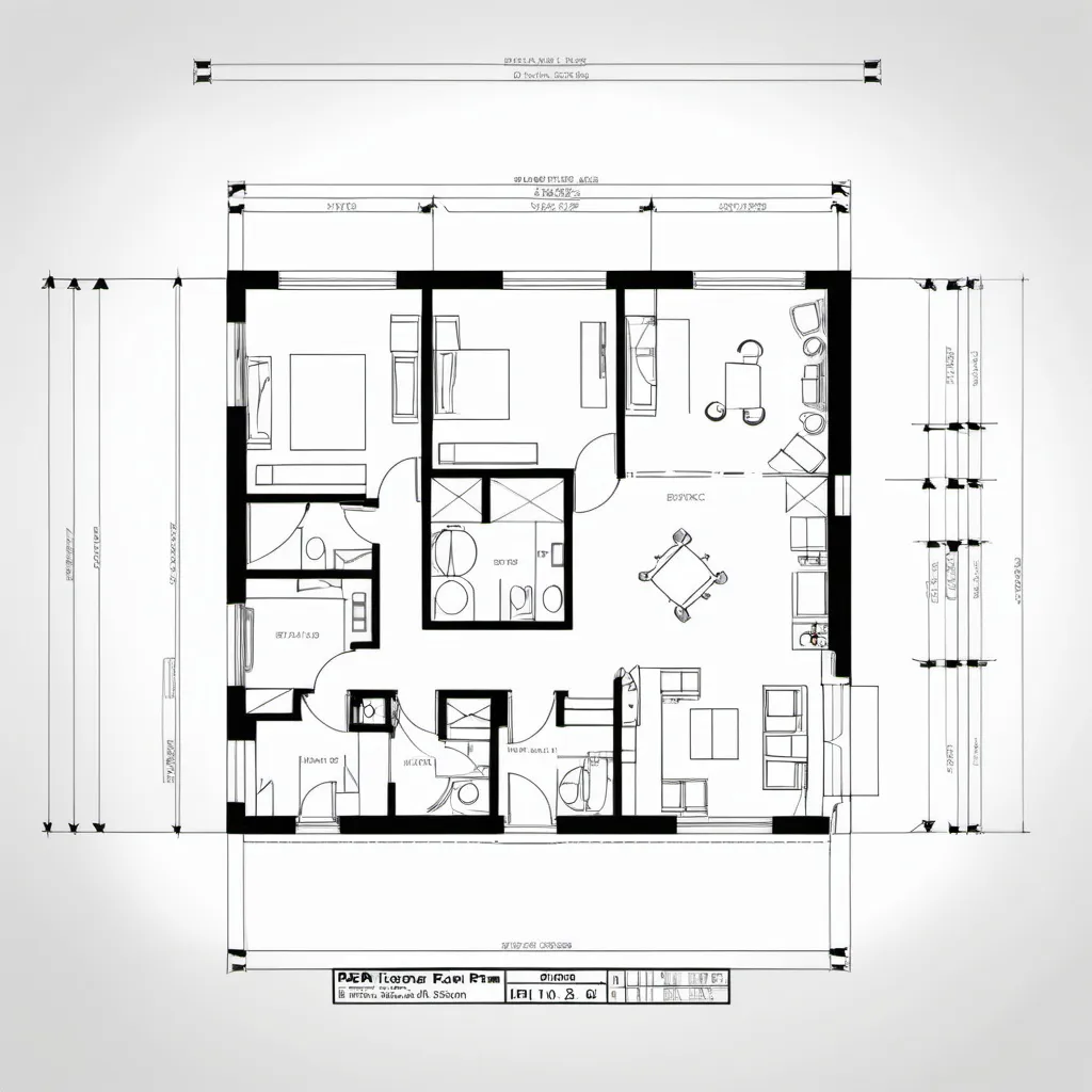 Prompt: A detailed CAD drawing of a residential floor plan.