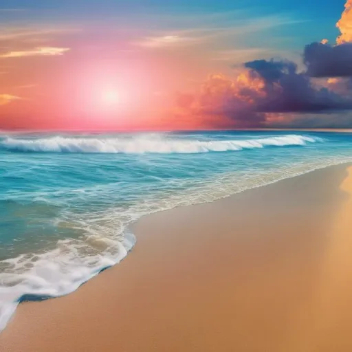 Prompt: make a luxurious beach with nice waves and nice bright sun, and soft sand with a sunset



