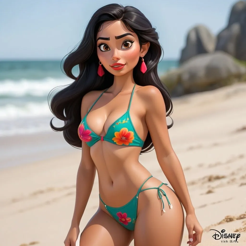 Prompt: Disney Style dark haired mexican woman with a nice body wearing a thong on the beach