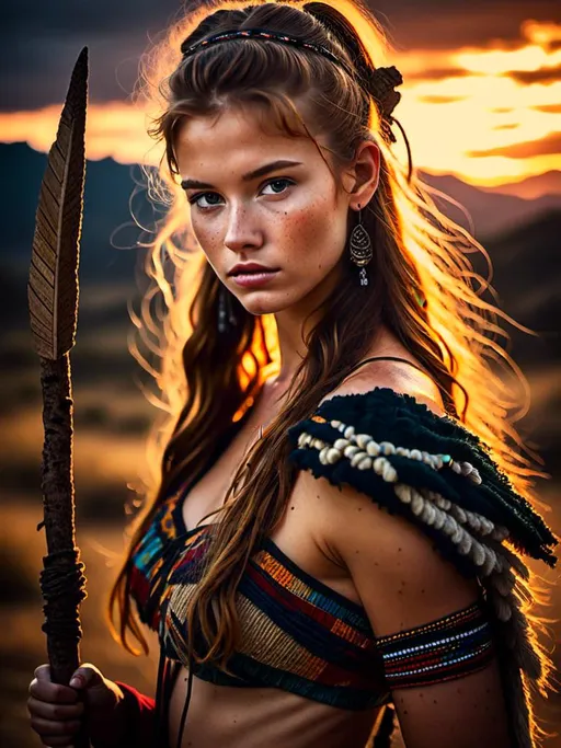 Prompt: <mymodel> age 18, Tribal warrior with spear in Serengeti, traditional art, rugged landscape, intense and vibrant colors, warm lighting, detailed facial features, high quality, traditional art, tribal, rugged landscape, intense colors, warm lighting, detailed facial features, spear, traditional attire