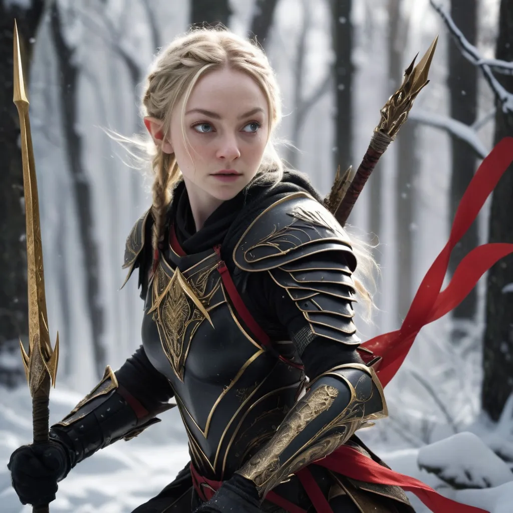 Prompt: Warrior elf girl, Emily Kinney, wearing intricate black plate armor with golden accents, fiercely wielding a spear, a quiver slung over her shoulder, set in a captivating snowy forest landscape, swirling wind whipping the red ribbons in her hair, high detail, cinematic atmosphere, HD, capturing the essence of strength and resilience amidst a breathtaking winter scene.